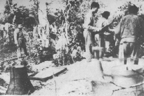 Pounding rice using a mortar at the Điện Biên front